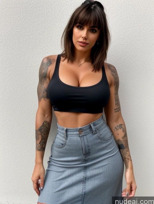 ai nude image of a close up of a woman with tattoos on her arms and a black top pics of Greek Busty Perfect Boobs Beautiful Tattoos Muscular Perfect Body 80s 90s Casual Crop Top Long Skirt Teacher Hip Hop Bangs