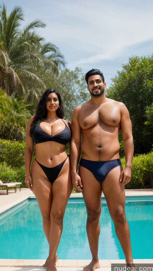 ai nude image of they are standing next to a swimming pool in a bikini pics of Woman + Man Perfect Boobs Beautiful Thick Big Hips Perfect Body Pubic Hair Tanned Skin 30s Sexy Face Black Hair Indian Surrealist Front View T-pose Detailed One Piece Swimsuit Pool Huge Boobs Tall