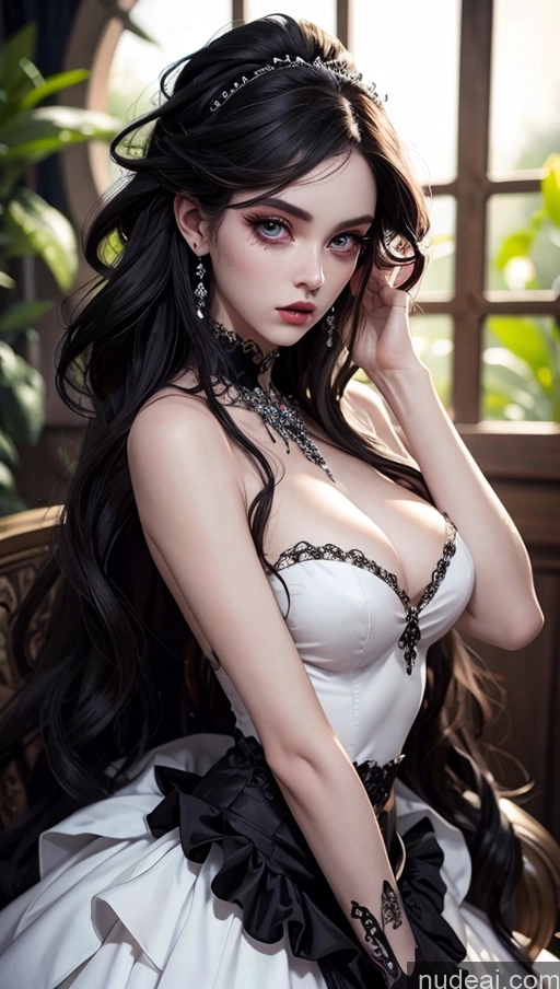 ai nude image of araffe woman in a white dress with black hair and a tiable pics of Beautiful Perfect Body Fairer Skin Skinny Serious Black Hair Long Hair Goth Gals V2