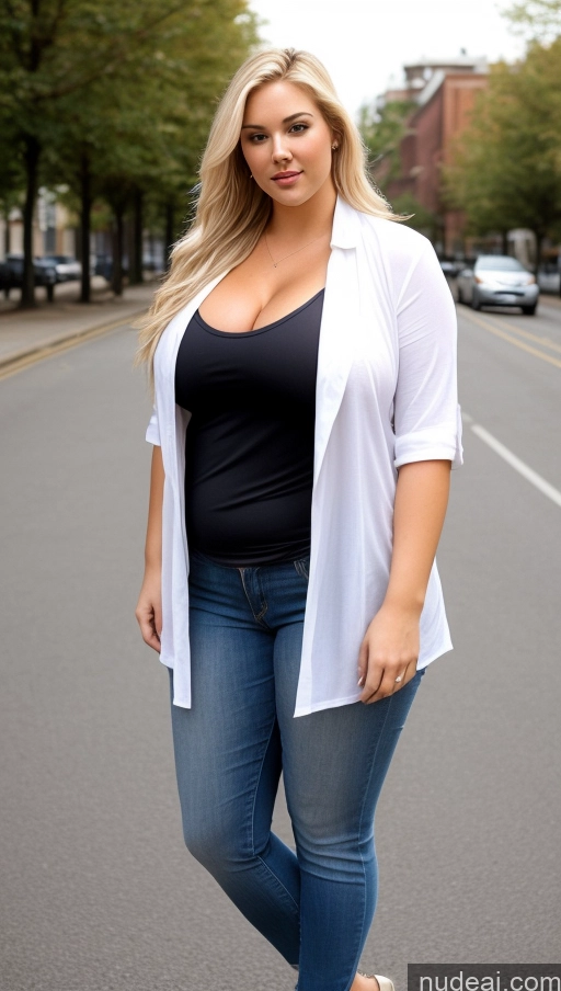 ai nude image of a pregnant woman in jeans and a white cardigan standing on a street pics of Woman One Perfect Boobs Chubby 20s Sexy Face Blonde Long Hair White Front View Casual