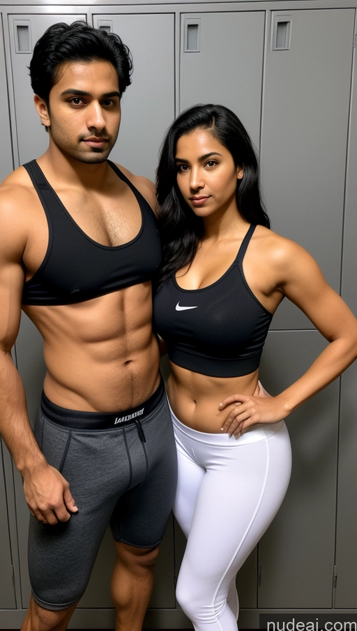 ai nude image of there are two people standing next to each other in a locker pics of Woman + Man Perfect Boobs Beautiful Thick Big Hips Perfect Body Pubic Hair Tanned Skin 30s Sexy Face Black Hair Indian Front View Detailed Sports Sports Bra Yoga Pants Big Ass Locker Room Jacket Shocked Serious