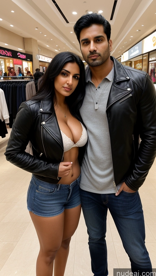 ai nude image of they are posing for a picture in a mall with a man in a leather jacket pics of Woman + Man Perfect Boobs Beautiful Thick Big Hips Perfect Body Pubic Hair Tanned Skin 30s Sexy Face Black Hair Indian Front View Detailed Big Ass Shocked Serious Jacket Leather Jeans Mall Blouse