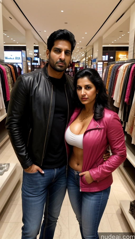 ai nude image of araffes in a clothing store with a man and a woman pics of Woman + Man Perfect Boobs Beautiful Thick Big Hips Perfect Body Pubic Hair Tanned Skin 30s Sexy Face Black Hair Indian Front View Detailed Big Ass Shocked Serious Skinny Mall Jacket Jeans Leather Salwar