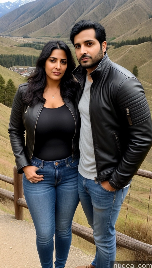 ai nude image of araffe couple posing for a picture in front of a mountain pics of Woman + Man Perfect Boobs Beautiful Thick Big Hips Perfect Body Pubic Hair Tanned Skin 30s Sexy Face Black Hair Indian Front View Detailed Big Ass Shocked Serious Skinny Jacket Jeans Leather Salwar Mountains