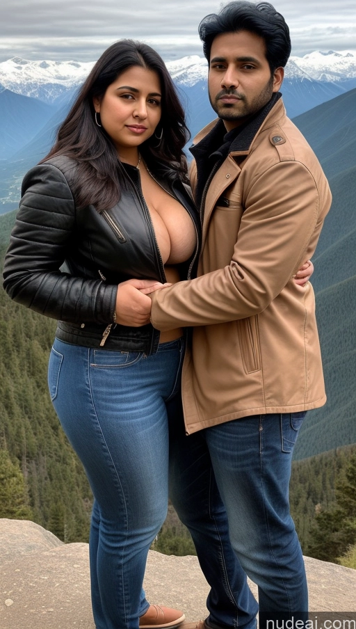 ai nude image of araffe couple posing for a picture on a mountain top pics of Woman + Man Perfect Boobs Beautiful Thick Big Hips Perfect Body Pubic Hair 30s Sexy Face Black Hair Indian Front View Detailed Big Ass Shocked Serious Skinny Jacket Jeans Leather Salwar Mountains