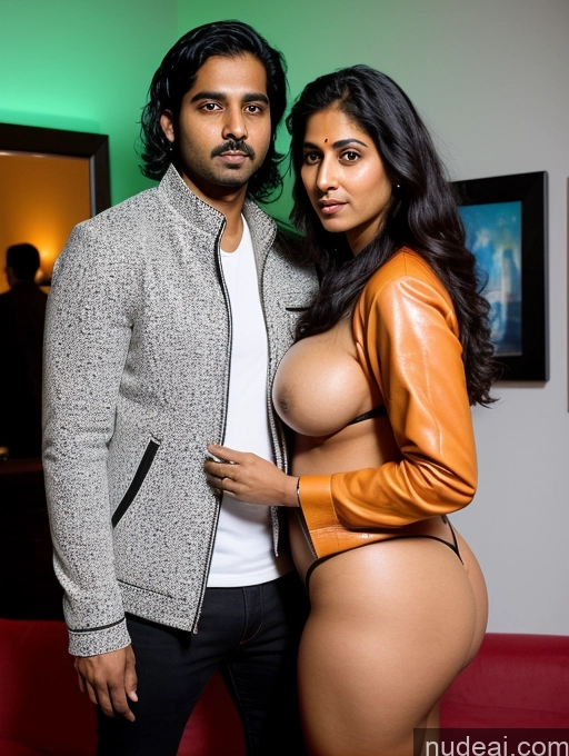 ai nude image of there is a man and a woman posing for a picture pics of Woman + Man Perfect Boobs Beautiful Big Ass Thick Big Hips Perfect Body 30s Sexy Face Shocked Serious Black Hair Indian Surrealist Party Front View Jacket Jeans Leather Salwar Detailed