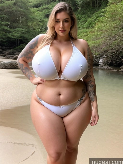 ai nude image of a woman in a white bikini standing on a beach pics of Lingerie Model Busty Perfect Boobs Beautiful Tattoos Big Ass Thick Chubby Big Hips Long Legs Perfect Body Fairer Skin Oiled Body 30s White Bikini Huge Boobs Kimono