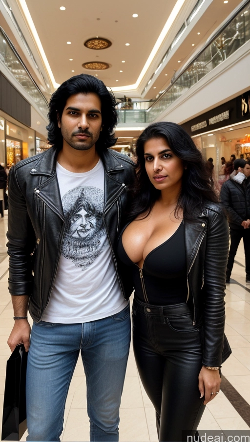 ai nude image of there is a man and woman standing in a mall together pics of Woman + Man Perfect Boobs Beautiful Big Ass Thick Big Hips Perfect Body Pubic Hair 30s Sexy Face Shocked Serious Black Hair Indian Surrealist Mall Front View Jacket Jeans Leather Tank Top Bright Lighting Detailed