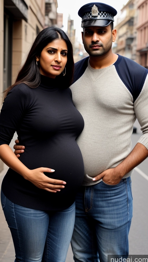 ai nude image of pregnant couple posing for a picture in the street with police officer pics of Woman + Man Perfect Boobs Beautiful Big Ass Perfect Body Big Hips Pubic Hair 30s Sexy Face Chubby Serious Shocked Indian 3d Street Front View Dark Lighting Detailed Jeans Salwar Police Tank Top Sweater Pregnant