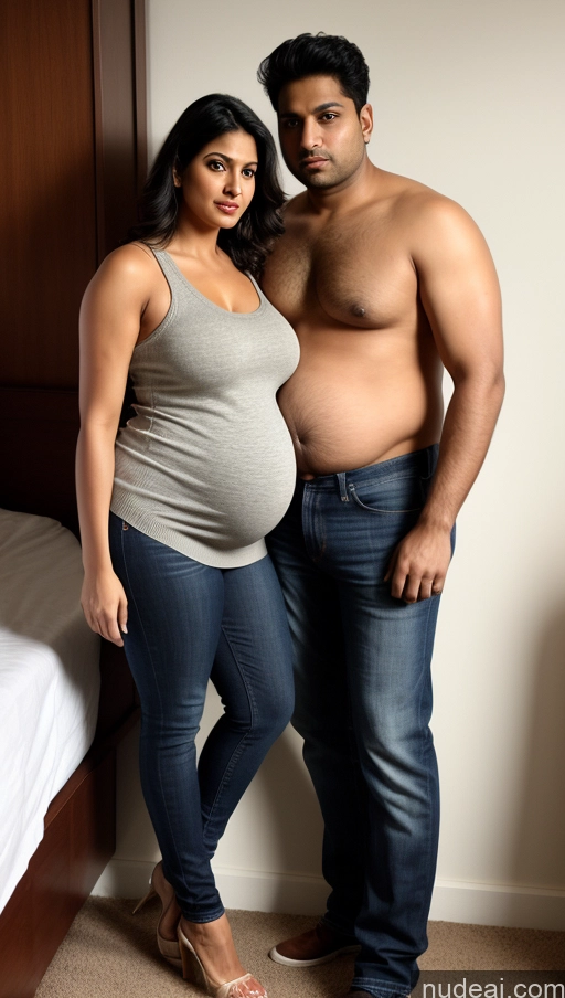 ai nude image of pregnant couple posing for a picture in a bedroom with a bed pics of Woman + Man Perfect Boobs Beautiful Big Ass Perfect Body Big Hips Pubic Hair 30s Sexy Face Chubby Serious Shocked Indian 3d Front View Dark Lighting Detailed Jeans Salwar Tank Top Sweater Pregnant Dress Bedroom