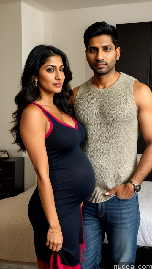 ai nude image of pregnant woman in a black dress standing next to a man in a white shirt pics of Woman + Man Perfect Boobs Beautiful Big Ass Perfect Body Big Hips Pubic Hair 30s Sexy Face Serious Shocked Indian 3d Front View Dark Lighting Detailed Salwar Tank Top Sweater Pregnant Bedroom Jeans Dress