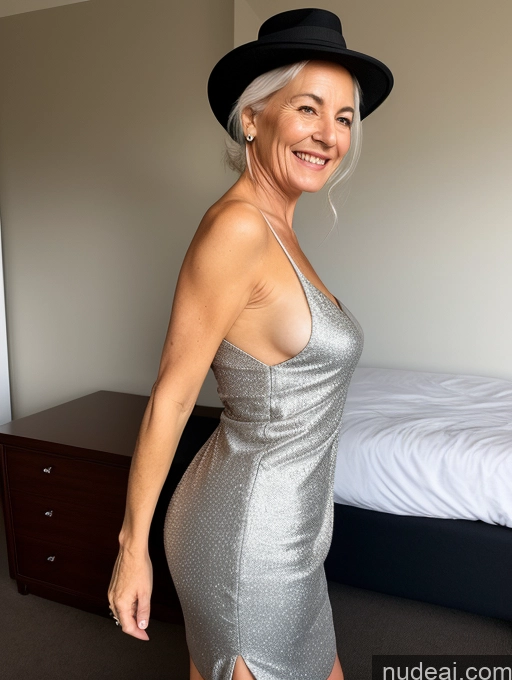 ai nude image of there is a woman in a silver dress and a hat posing for a picture pics of One Happy Serious White Hair White Dress High Heels Dark Lighting Detailed Hair Bun Small Tits Skinny 70s Side View Hat