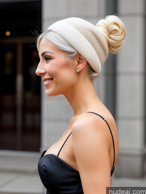 ai nude image of blond woman with a messy bun in a black dress and a white hat pics of One Happy Serious White Hair White Dress High Heels Dark Lighting Detailed Hair Bun Small Tits Skinny Side View Hat 30s