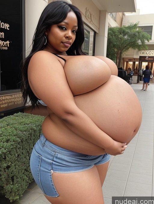 ai nude image of araffe woman in a blue jean shorts posing for a picture pics of Busty Huge Boobs Big Ass Thick Chubby Fat Big Hips Pregnant Dark Skin Sexy Face Black Dark_Fantasy_Style Mall Belly Inflation, Cuminflation, Overeating Tank Top Jeans