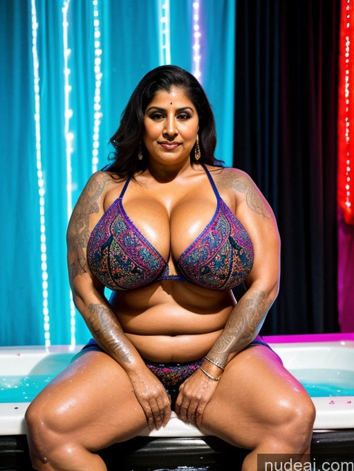 ai nude image of arafed woman in a bikini sitting on a bed with a hot tub pics of Bodybuilder Busty Huge Boobs Perfect Boobs Tattoos Muscular Big Ass Abs Thick Chubby Fat Long Legs Tall Perfect Body 80s Indian Strip Club Bathing Sari