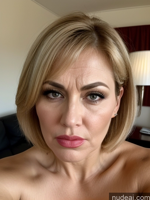 ai nude image of blond woman with a very large breast posing for a picture pics of Front View Bending Over Seductive Serious Sad Sexy Face Shocked Pouting Lips Angry Laughing 30s Blonde Bobcut Bedroom Milf