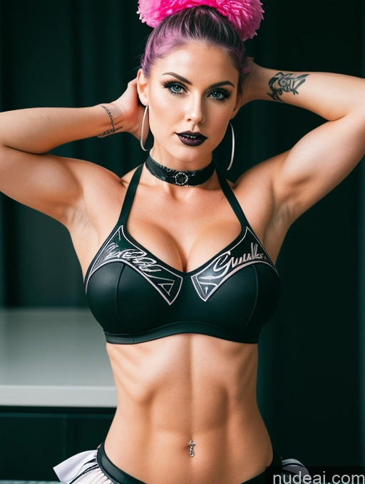 ai nude image of arafed woman with pink hair and piercings posing for a picture pics of Perfect Boobs Busty Muscular Tattoos Abs Perfect Body Fairer Skin 20s Hair Bun Pearl Jewelry Choker Goth Pink Hair Cheerleader