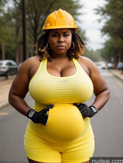 ai nude image of pregnant woman in yellow construction outfit and hard hat standing on street pics of Busty Dark Skin Serious Angry Braided Black Street Huge Boobs Big Ass Fat Big Hips 50s Boots Construction Worker Gloves