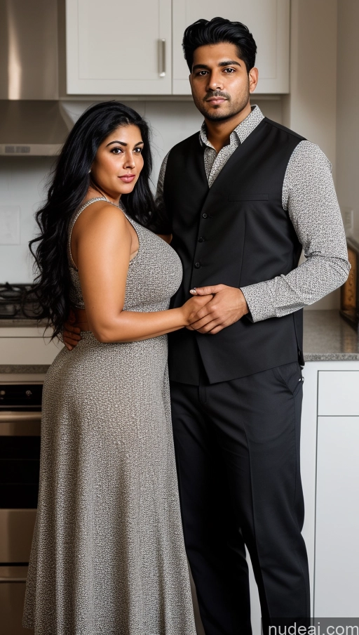 ai nude image of pregnant couple in kitchen posing for picture in formal dress pics of Woman + Man Perfect Boobs Beautiful Big Ass Thick Big Hips Perfect Body 30s Sexy Face Shocked Serious Black Hair Indian Front View Detailed Dark Lighting Bright Lighting Surrealist Kitchen Long Skirt Blouse