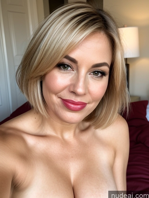 ai nude image of blond woman with big tits posing on a bed in a bedroom pics of Bending Over Serious Seductive Sexy Face Shocked Sad Blonde Bobcut Bedroom Milf Busty Close-up View 40s Pouting Lips Laughing Happy