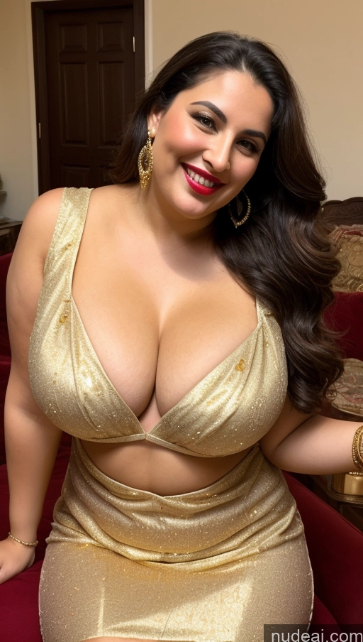 ai nude image of araffe woman in a gold dress posing for a picture pics of Milf Busty Beautiful Lipstick Thick Chubby Fat Big Hips 20s Happy Seductive Brunette Long Hair Russian Party Front View Straddling Victorian Cleavage Gold Jewelry Salwar Blouse