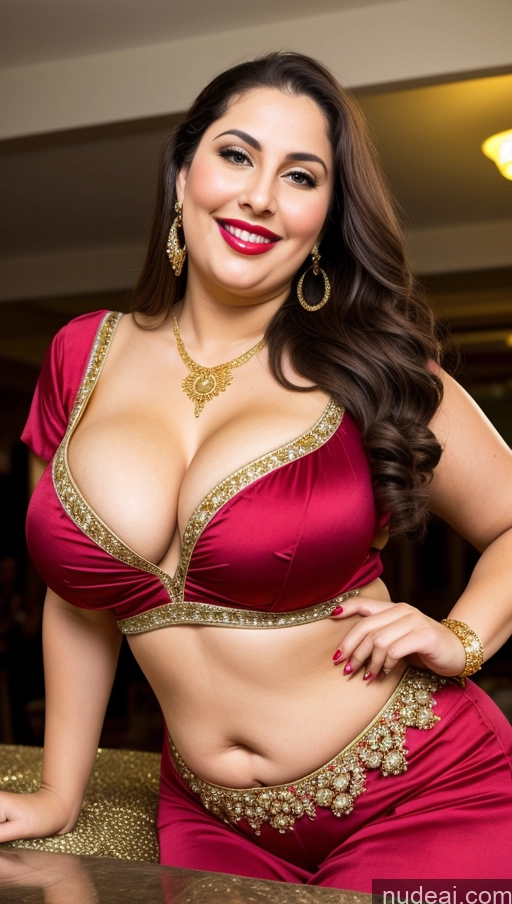 ai nude image of araffe woman in a red outfit posing for a picture pics of Milf Busty Beautiful Lipstick Thick Chubby Fat Big Hips 20s Happy Seductive Brunette Long Hair Russian Party Front View Straddling Victorian Cleavage Gold Jewelry Salwar Blouse