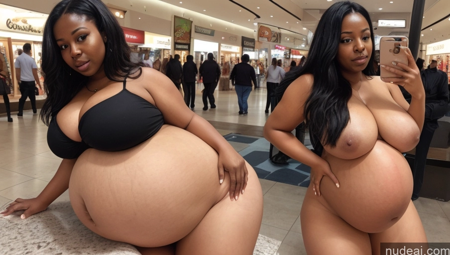 ai nude image of araffes are posing in a mall with their big breasts pics of Huge Boobs Muscular Big Ass Thick Chubby Fat Big Hips Pregnant Dark Skin 18 Black Hair Messy Black Belly Inflation, Cuminflation, Overeating Mall