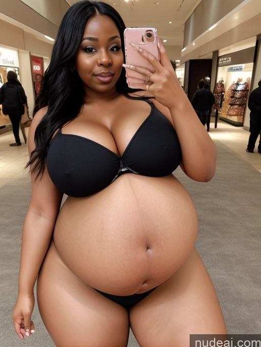 ai nude image of pregnant woman in black bra top taking a selfie in a mall pics of Huge Boobs Big Ass Thick Chubby Fat Big Hips Pregnant Dark Skin Black Dark_Fantasy_Style Belly Inflation, Cuminflation, Overeating Mall