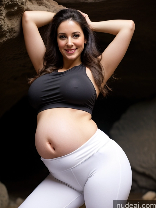 ai nude image of pregnant woman in black top and white pants posing for a picture pics of Perfect Boobs Beautiful Big Ass Fairer Skin 30s Happy Black Hair Long Hair Cave Leather Yoga Pants Blouse Pregnant