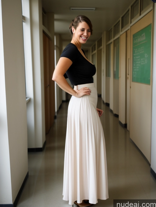 ai nude image of arafed woman in a black top and white skirt standing in a hallway pics of Wife Or Girlfriend Busty Big Ass Big Hips Long Legs Tall Pubic Hair 50s Happy Brunette Pixie White School Hallway Teacher Long Skirt Pantyhose