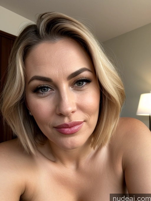 ai nude image of blond woman with big breast posing for a picture in a hotel room pics of Close-up View Bending Over Seductive Serious Sad Sexy Face Shocked Busty Bedroom 40s Milf Blonde Bobcut White Laughing Pouting Lips Happy