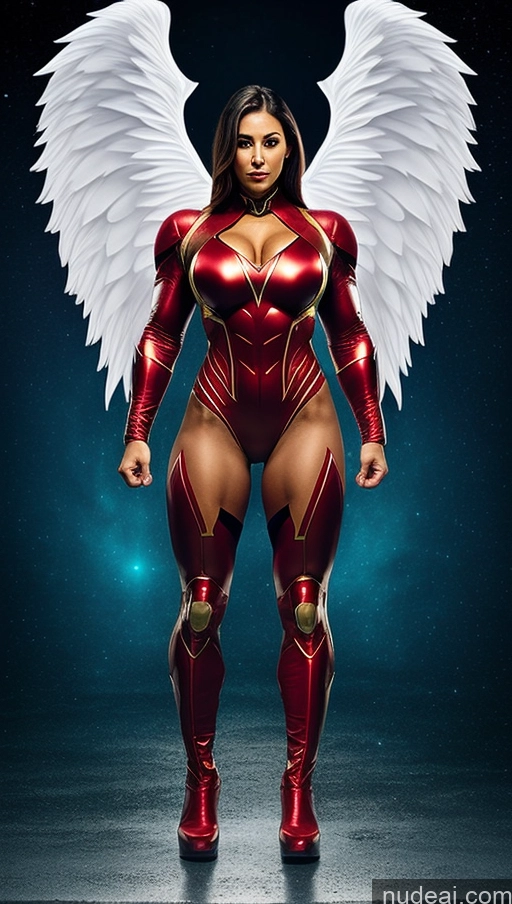 ai nude image of a woman in a red costume with white wings standing in front of a dark background pics of Vampire Mech Suit Superhero Abs Muscular Busty Angel Powering Up Dynamic View Heat Vision One Bodybuilder