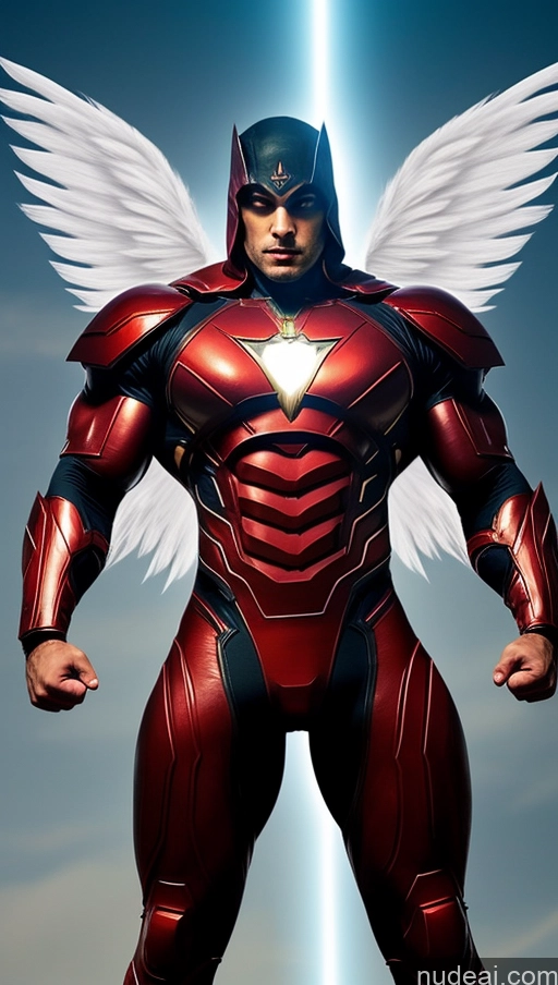 ai nude image of a close up of a man in a suit with wings on his chest pics of Vampire Mech Suit Superhero Abs Muscular Busty Angel Powering Up Dynamic View Heat Vision One Bodybuilder Detailed