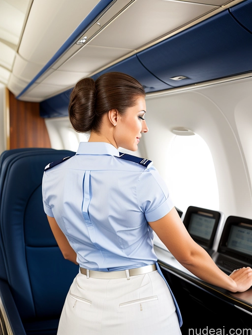 ai nude image of arafed woman in uniform working on a laptop on an airplane pics of Big Ass Hair Bun Back View Bending Over Flight Attendant