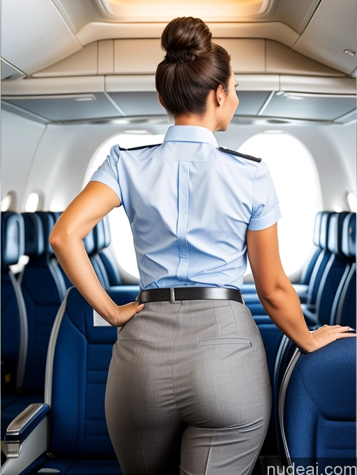 ai nude image of arafed woman in a blue shirt and grey pants on a plane pics of Big Ass Hair Bun Back View Bending Over Flight Attendant