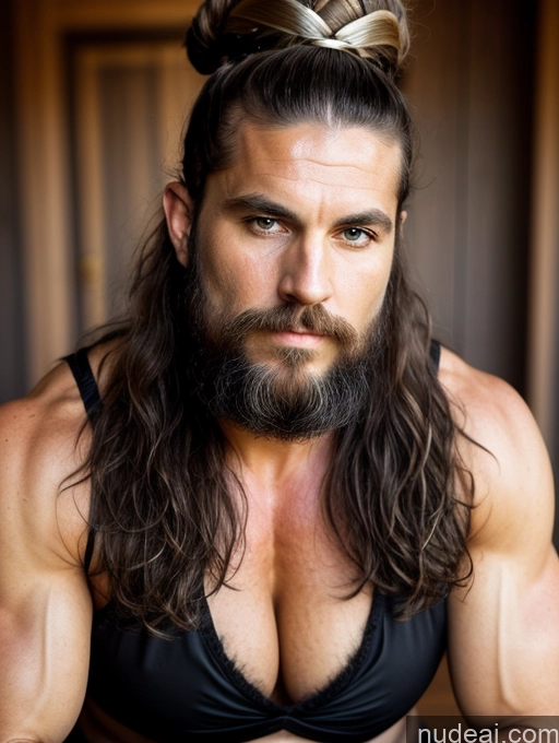 ai nude image of arafed man with long hair and a beard wearing a black bikini pics of Milf Two Busty Muscular Big Ass Big Hips Long Legs Pubic Hair 60s Viking Hairy Women Black Hair Hair Tied Up Serious Medieval