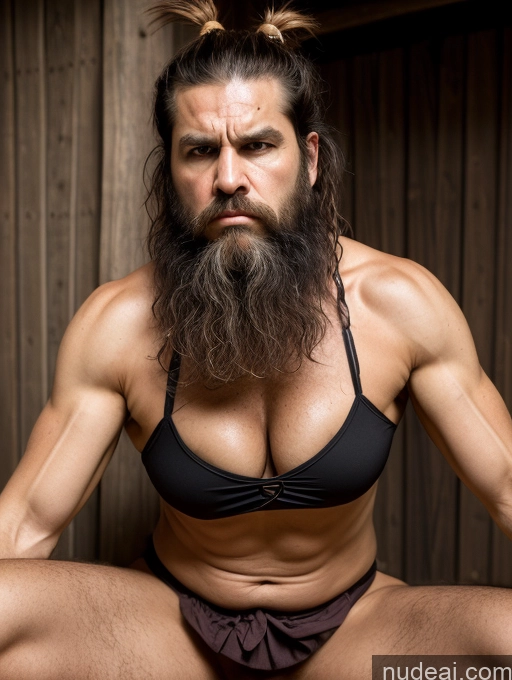 ai nude image of arafed man with a long beard and a top knot sitting on a bed pics of Milf Busty Muscular Big Ass Big Hips Long Legs Pubic Hair 60s Black Hair Medieval Traditional Tribal Viking Cleavage Partially Nude Hair Tied Up Hairy Women Angry