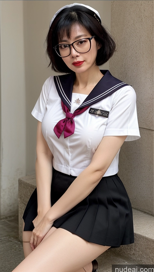 ai nude image of arafed asian woman in a sailor outfit sitting on a step pics of Milf One Busty Big Hips Pubic Hair Fairer Skin 60s Black Hair Asian Glasses Lipstick Denise Doll Likeness JK Uniform