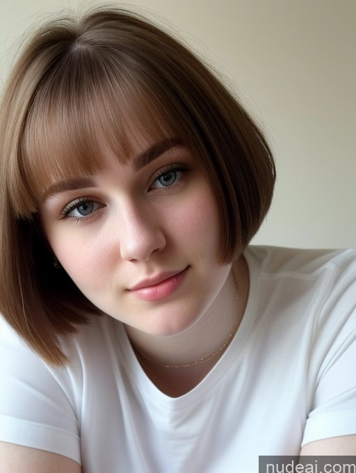 ai nude image of arafed woman with a white shirt and a necklace on her neck pics of Beautiful Thick Fairer Skin 18 Brunette Bobcut Russian Shirt Close-up View