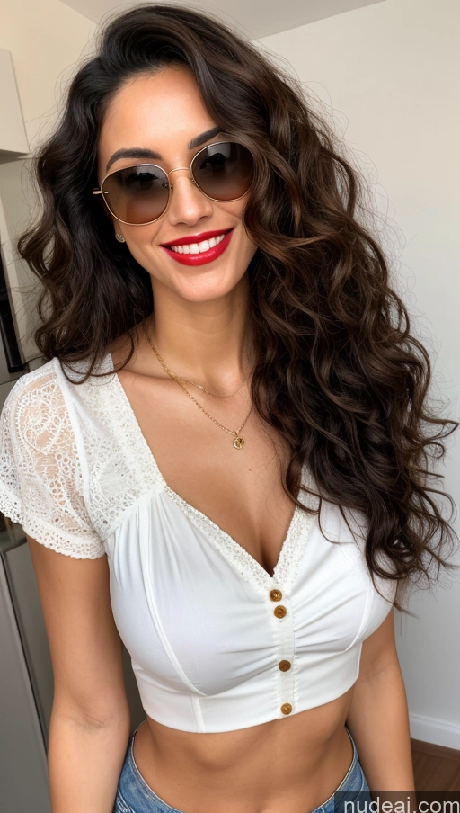 ai nude image of araffed woman with sunglasses and a white top posing for a picture pics of Woman One Beautiful Sunglasses Lipstick Small Ass Abs Tall Fairer Skin 30s Happy Black Hair Curly Hair Indian Perfect Boobs Front View Blouse