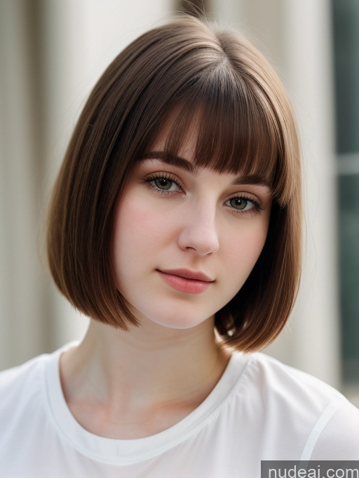 ai nude image of arafed woman with a short brown bob with bangs pics of Beautiful Thick Fairer Skin 18 Brunette Bobcut Russian Close-up View Shirt