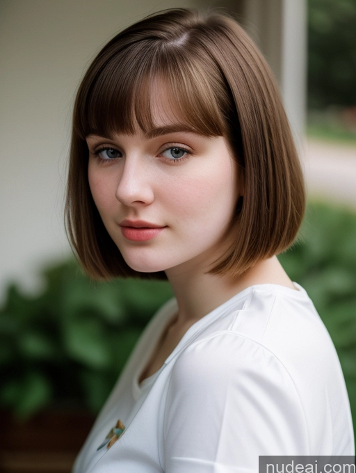 ai nude image of arafed woman with a white shirt and brown hair posing for a picture pics of Beautiful Thick Fairer Skin 18 Brunette Bobcut Russian Close-up View Shirt