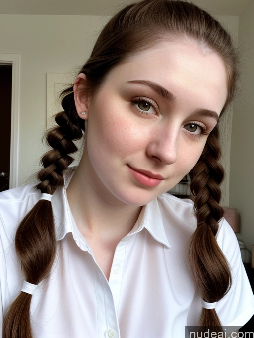 ai nude image of arafed woman with long hair in a white shirt and braids pics of Beautiful Thick Fairer Skin 18 Brunette Russian Close-up View Shirt Pigtails