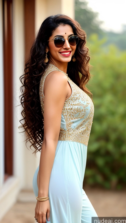 ai nude image of a close up of a woman in a blue dress and sunglasses pics of Woman One Beautiful Sunglasses Lipstick Small Ass Abs Tall Fairer Skin 30s Happy Black Hair Curly Hair Indian Perfect Boobs Front View Salwar