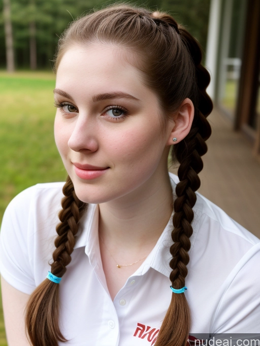 ai nude image of arafed girl with long hair in a white shirt and braids pics of Beautiful Thick Fairer Skin 18 Brunette Pigtails Russian Close-up View Shirt