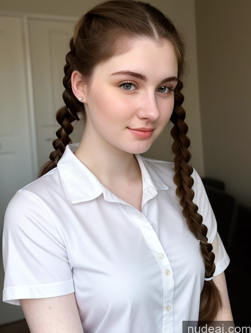 ai nude image of arafed woman with long hair in a white shirt and braids pics of Beautiful Thick Fairer Skin 18 Brunette Pigtails Russian Close-up View Shirt