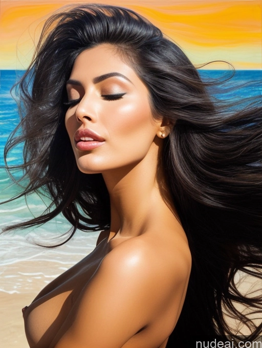 ai nude image of a close up of a woman with long hair on a beach pics of Miss Universe Model Indian Perfect Boobs Perfect Body Skinny Small Ass 20s Sexy Face Black Hair Long Hair Beach Front View Nude Bright Lighting Detailed Orgasm Surrealist Sleeping