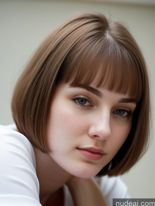 ai nude image of arafed woman with a short brown hair and a white shirt pics of Beautiful Thick Fairer Skin 18 Brunette Russian Close-up View Shirt Bobcut