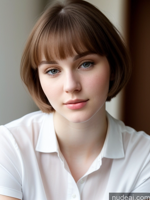 ai nude image of arafed woman with short brown hair and a white shirt pics of Beautiful Thick Fairer Skin 18 Brunette Russian Close-up View Shirt Bobcut