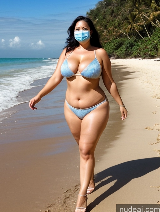 ai nude image of araffe woman in a blue bikini and mask walking on the beach pics of Milf One Busty Perfect Boobs Big Ass Happy Black Hair Malaysian Beach Front View High Heels Face Mask Long Hair Big Hips 40s Transparent Partially Nude Blouse Chubby